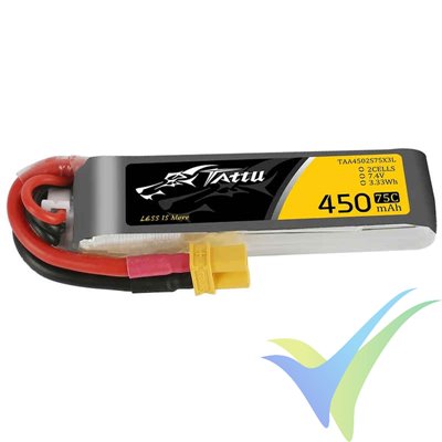 Batería LiPo Tattu - Gens ace 450mAh (3.33Wh) 2S1P 75C 29g XT30 (formato largo)