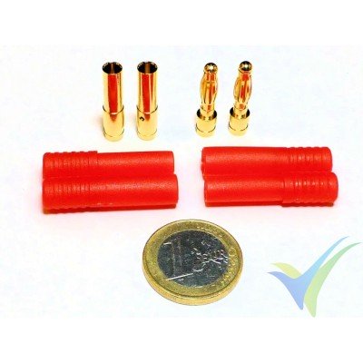 Banana connector 4mm, gold plated, male and female, with insulating red cover