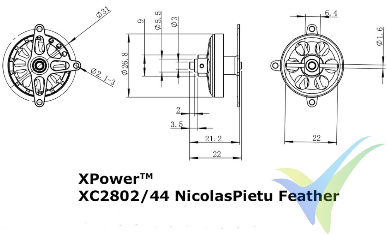 Dimensiones del motor brushless Xpower XC2802/44 Nicolas Pietu Feather