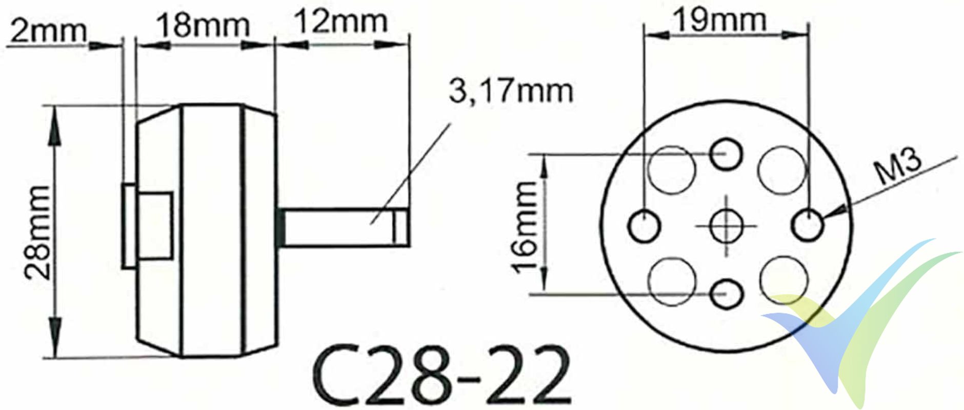 Dimensiones del motor brushless ROXXY BL C28-22-1270Kv