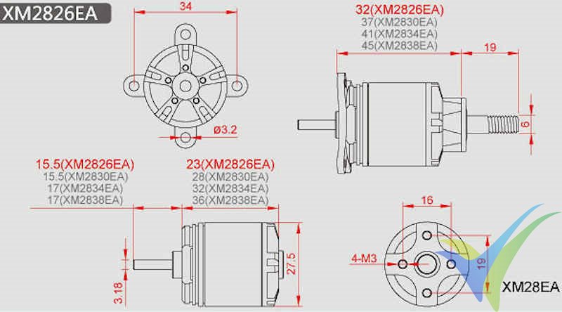 Dimensiones del motor brushless Dualsky XM2826EA-16