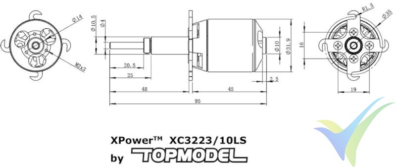 Dimensiones del motor brushless XPower XC3223/10 LS