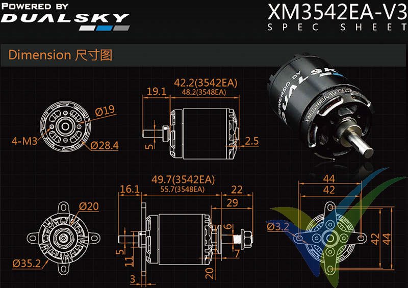 Dimensiones del motor brushless Dualsky XM3542EA-11 V3