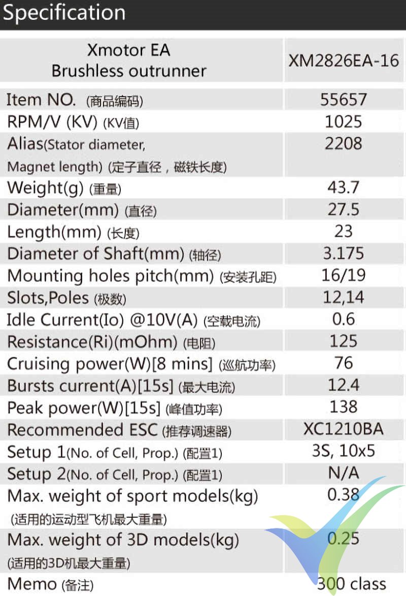 Especificaciones técnicas del motor brushless Dualsky XM2826EA-16