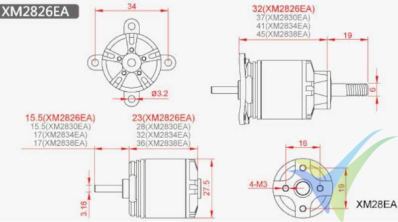 Dimensiones del motor brushless Dualsky XM2826EA-10