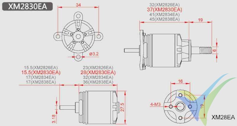 Dimensiones del motor brushless Dualsky XM3830EA-7-10P