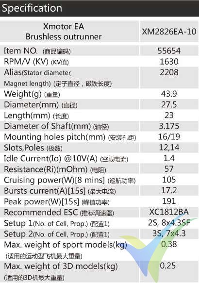 Especificaciones del motor brushless Dualsky XM2826EA-10
